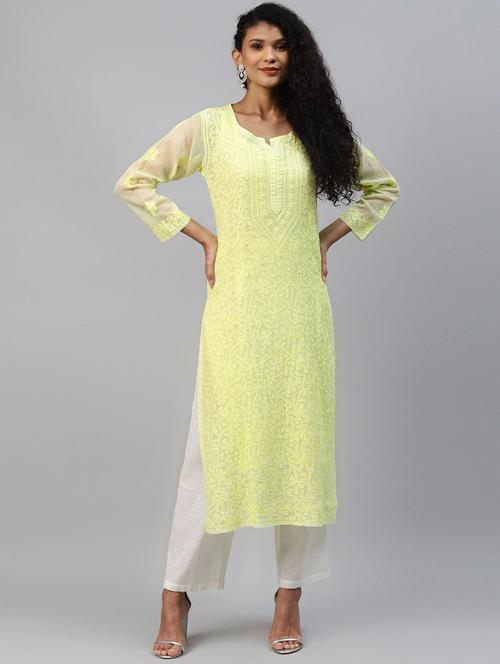ada hand embroidered lime green kota lucknow chikankari kurta with slip - 18232657 - Standard Image - 1