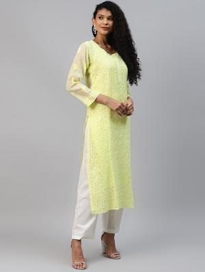ada hand embroidered lime green kota lucknow chikankari kurta with slip - 18232657 - Standard Image - 2