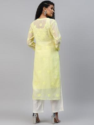 ada hand embroidered lime green kota lucknow chikankari kurta with slip - 18232657 - Standard Image - 3