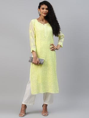ada hand embroidered lime green kota lucknow chikankari kurta with slip - 18232657 - Standard Image - 4