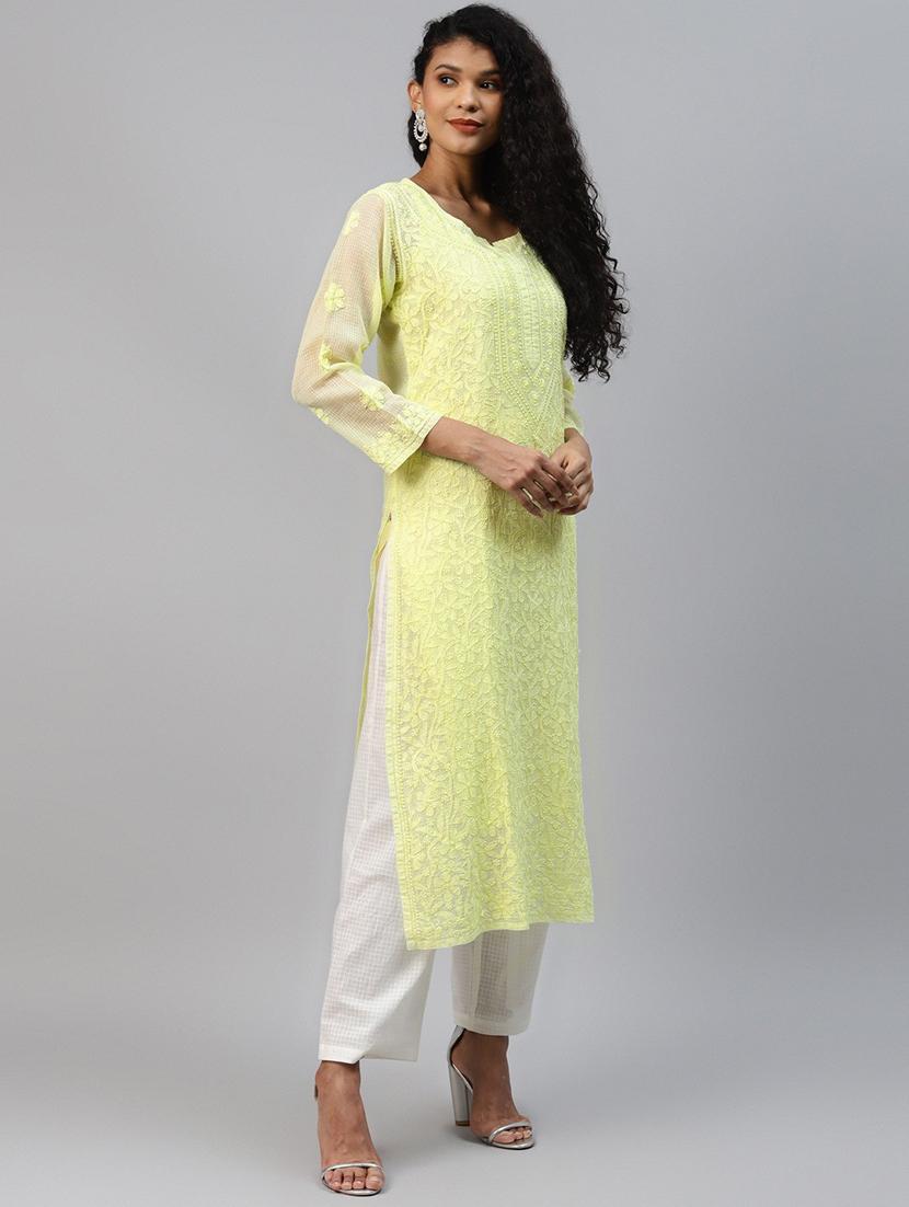 ada hand embroidered lime green kota lucknow chikankari kurta with slip - 18232657 - Zoom Image - 2