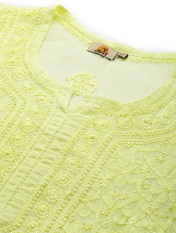 ada hand embroidered lime green kota lucknow chikankari kurta with slip - 18232657 - Zoom Image - 5