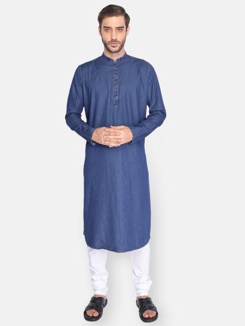 navy-blue denim kurta pyjama ethnic wear set - 18233589 - Standard Image - 1