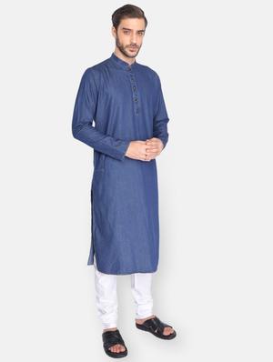 navy-blue denim kurta pyjama ethnic wear set - 18233589 - Standard Image - 2