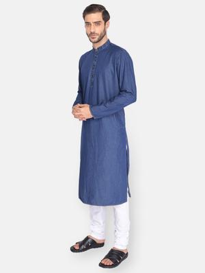 navy-blue denim kurta pyjama ethnic wear set - 18233589 - Standard Image - 3