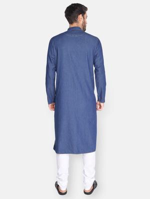 navy-blue denim kurta pyjama ethnic wear set - 18233589 - Standard Image - 4