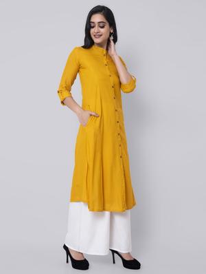 yellow viscose aline kurta - 18234231 - Standard Image - 3