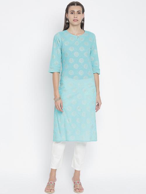 blue cotton straight kurta - 18234515 - Standard Image - 1