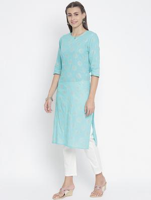 blue cotton straight kurta - 18234515 - Standard Image - 2