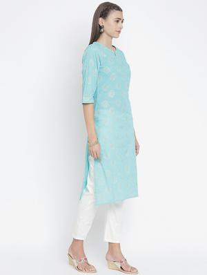 blue cotton straight kurta - 18234515 - Standard Image - 3