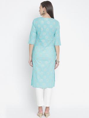 blue cotton straight kurta - 18234515 - Standard Image - 4