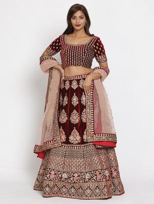 maroon velvet flared lehenga - 18236688 - Standard Image - 2