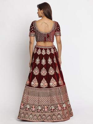 maroon velvet flared lehenga - 18236688 - Standard Image - 3