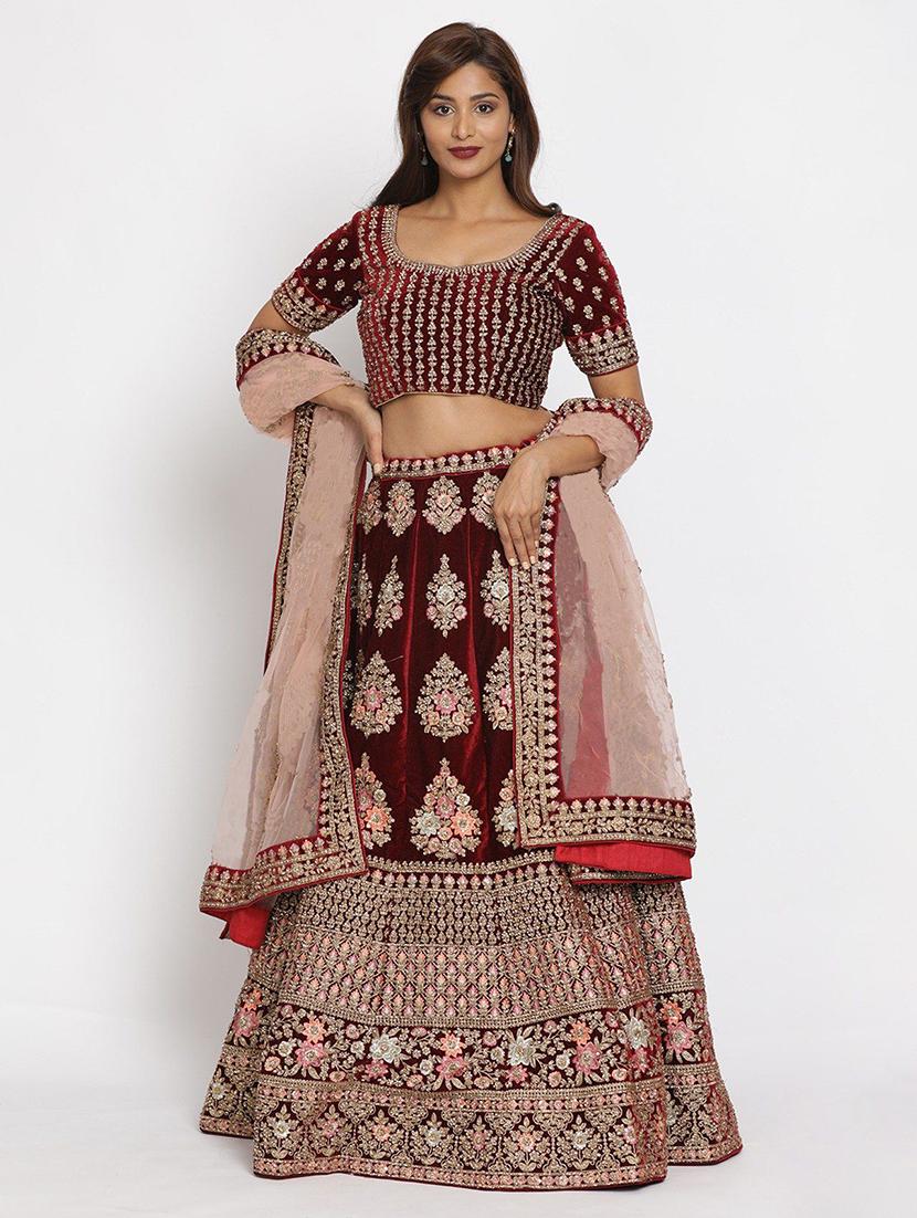 maroon velvet flared lehenga - 18236688 - Zoom Image - 2