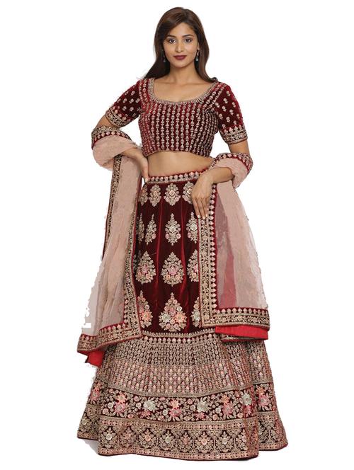 maroon velvet flared lehenga - 18236791 - Very Small Image - 1