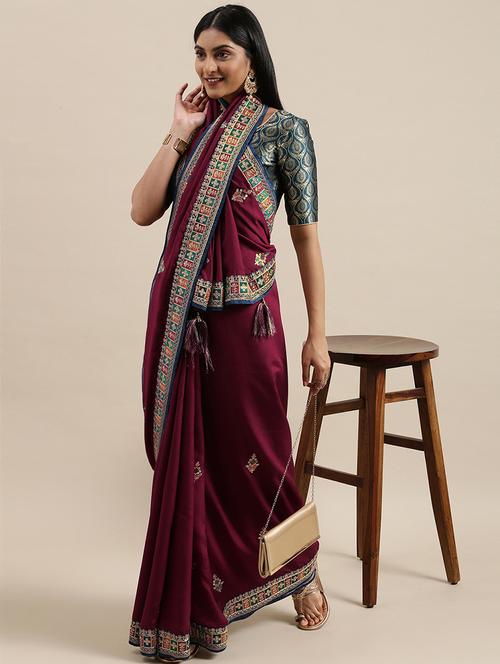 burgundy embroidered saree with blouse - 18246097 - Very Small Image - 1