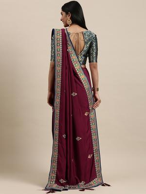 burgundy embroidered saree with blouse - 18246097 - Standard Image - 2