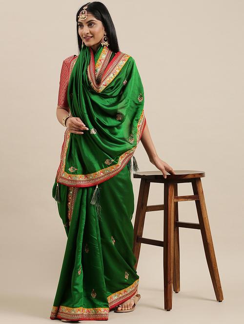 green art silk embroidered saree with blouse - 18246201 - Very Small Image - 1
