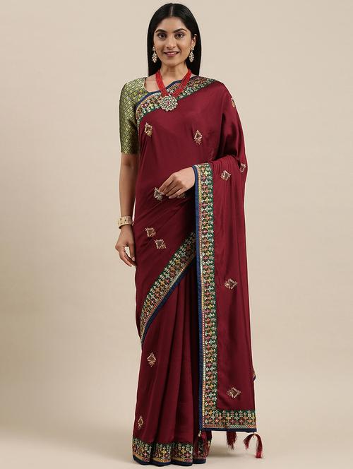 maroon art silk embroidered saree with blouse - 18246202 - Very Small Image - 1