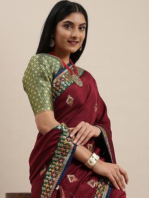 maroon art silk embroidered saree with blouse - 18246202 - Standard Image - 3