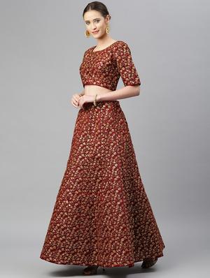 maroon raw silk flared lehenga - 18247896 - Standard Image - 2
