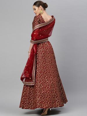 maroon raw silk flared lehenga - 18247896 - Standard Image - 3