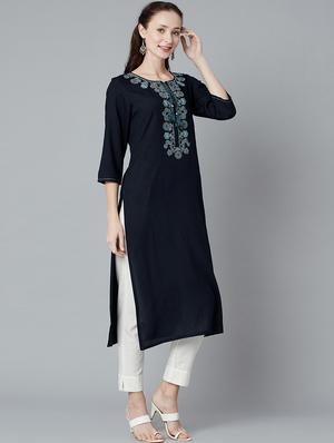 navy solid straight kurta - 18248269 - Standard Image - 2