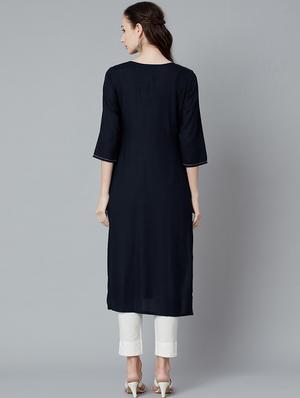 navy solid straight kurta - 18248269 - Standard Image - 3