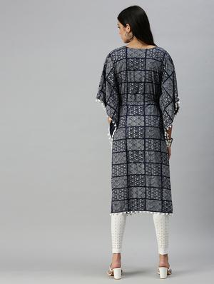 navy cotton blend kaftan kurta - 18249154 - Standard Image - 3