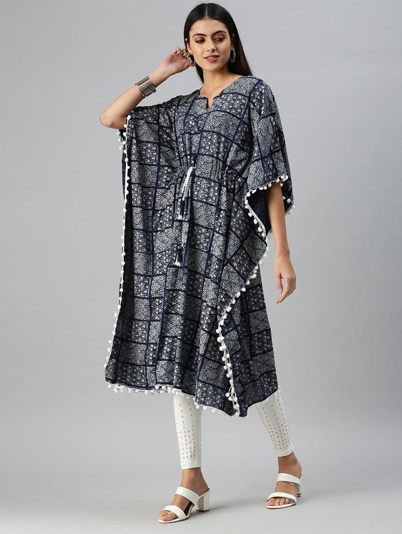 navy cotton blend kaftan kurta - 18249154 - Zoom Image - 2