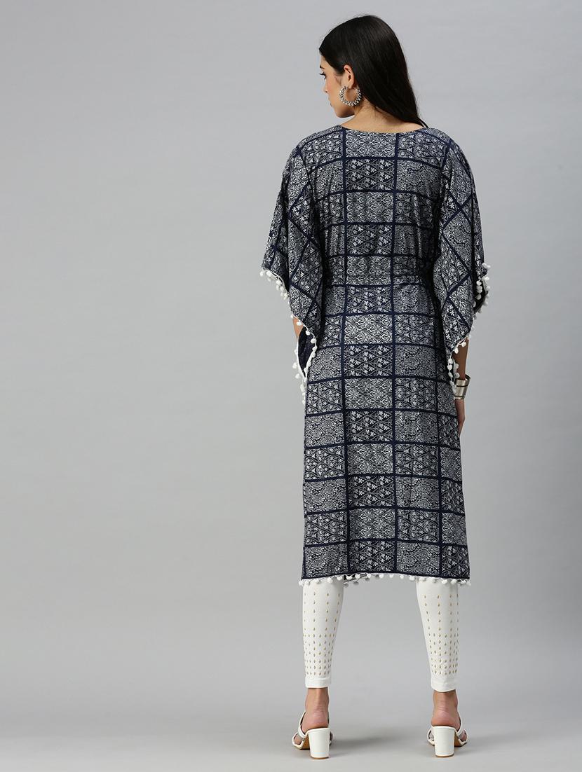 navy cotton blend kaftan kurta - 18249154 - Zoom Image - 3