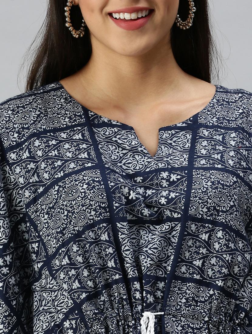 navy cotton blend kaftan kurta - 18249154 - Zoom Image - 4