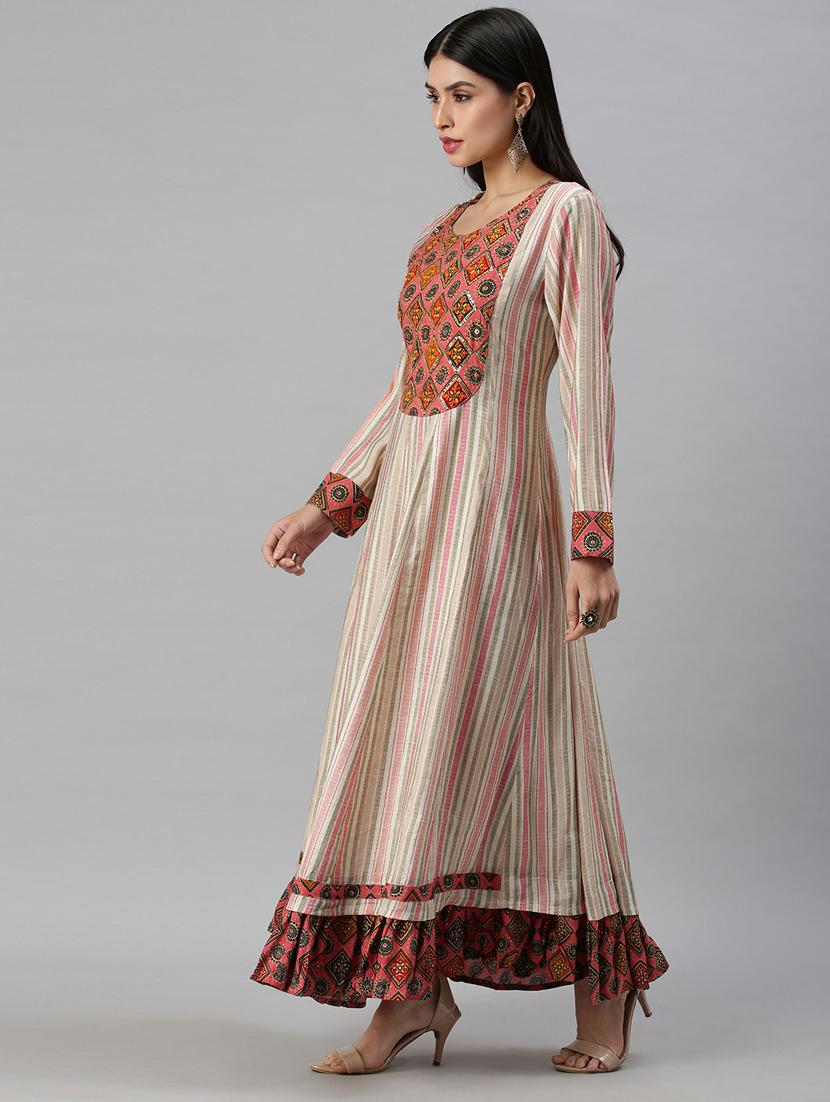 cream cotton blend anarkali kurta - 18249155 - Zoom Image - 2