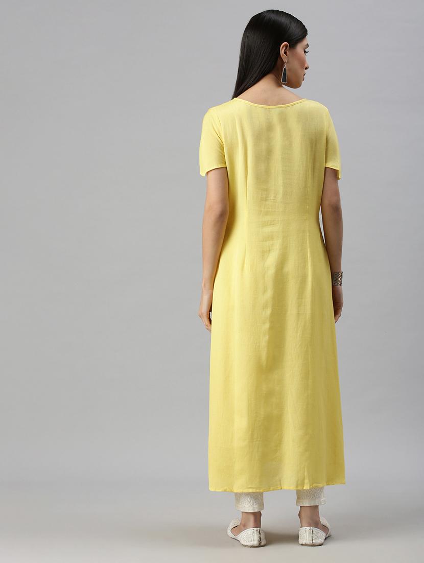 yellow cotton blend aline kurta - 18249176 - Zoom Image - 3