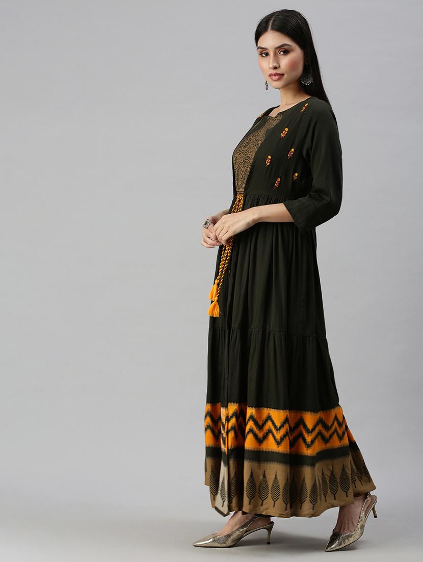 olive cotton blend aline kurta - 18249200 - Zoom Image - 2