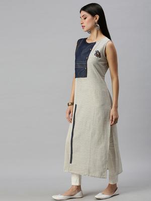 cream cotton blend aline kurta - 18249304 - Standard Image - 2