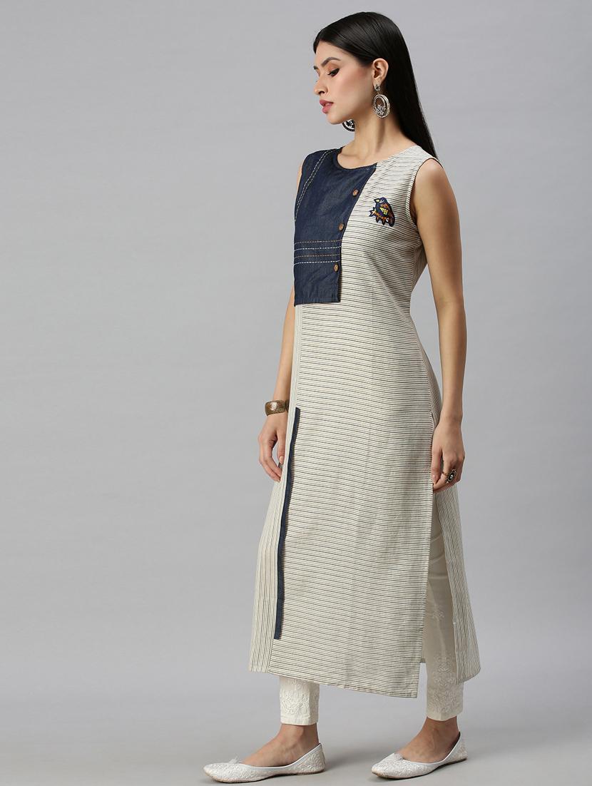 cream cotton blend aline kurta - 18249304 - Zoom Image - 2