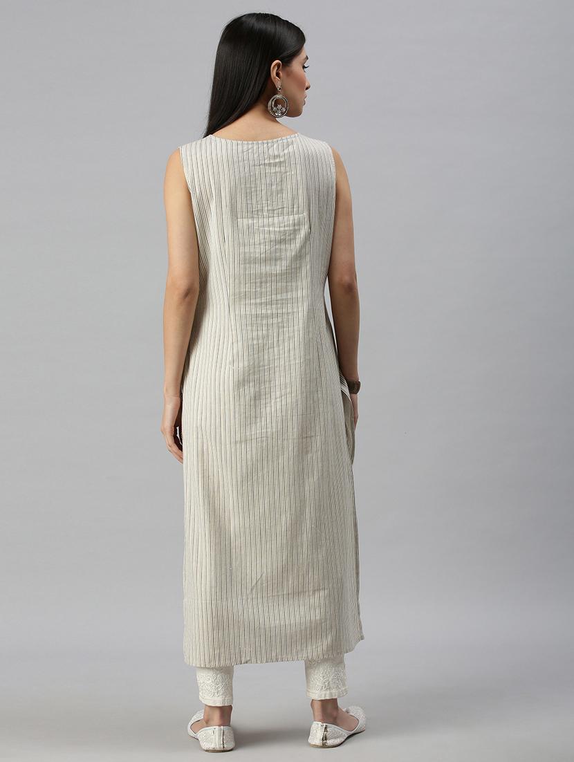 cream cotton blend aline kurta - 18249304 - Zoom Image - 3