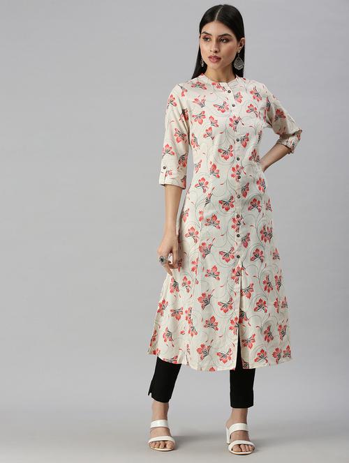 cream cotton blend aline kurta - 18249309 - Standard Image - 1