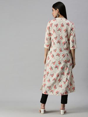 cream cotton blend aline kurta - 18249309 - Standard Image - 3