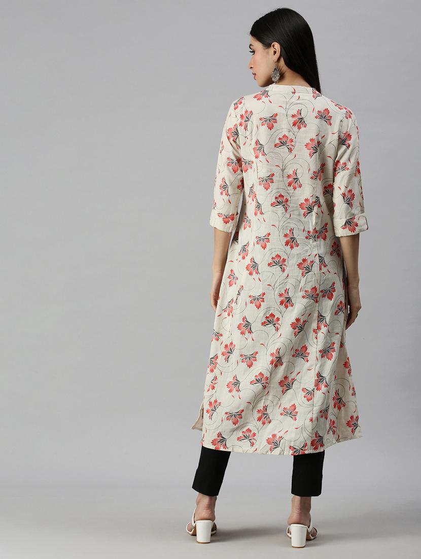 cream cotton blend aline kurta - 18249309 - Zoom Image - 3