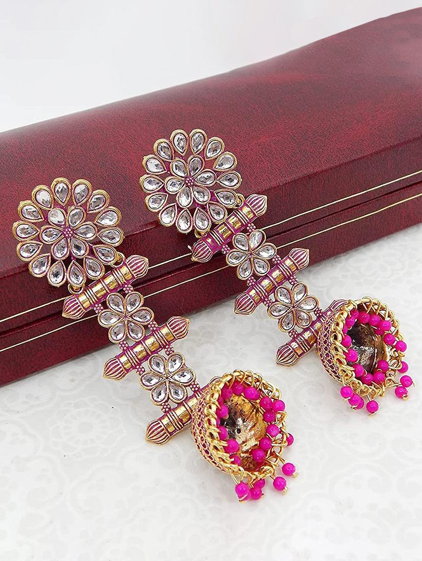 pink brass jhumka earring - 18250108 - Zoom Image - 2