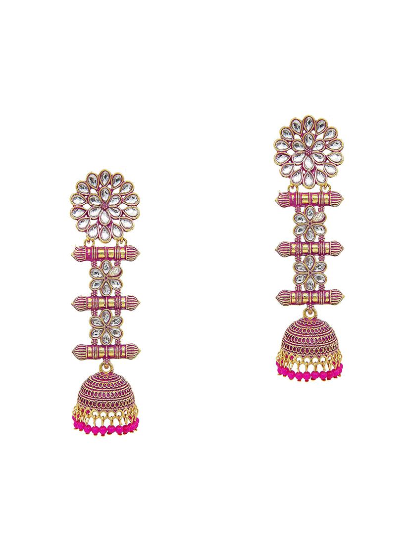 pink brass jhumka earring - 18250108 - Zoom Image - 3
