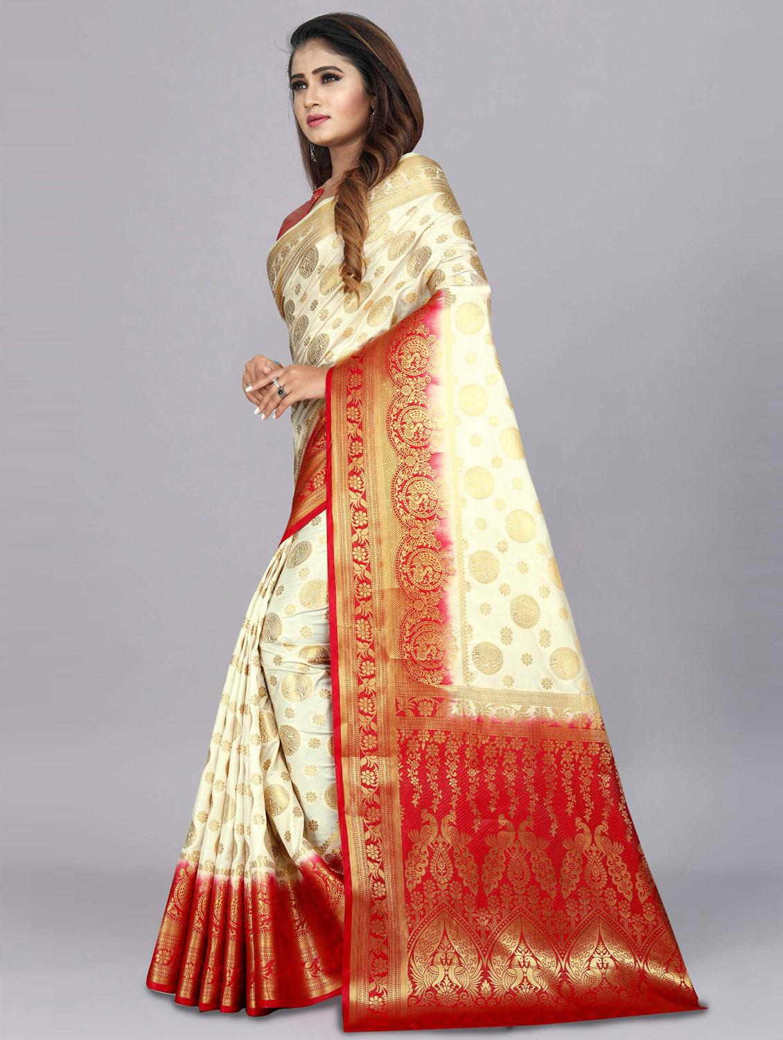 offwhite tussar silk woven saree with blouse - 18250828 - Zoom Image - 2