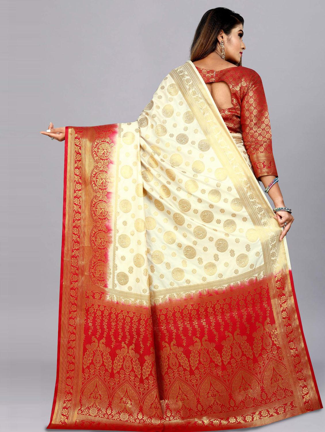 offwhite tussar silk woven saree with blouse - 18250828 - Zoom Image - 3