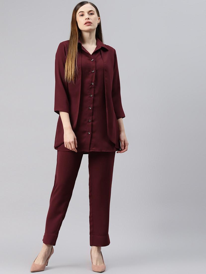 shirt collar solid top and trouser set - 18251547 - Zoom Image - 1
