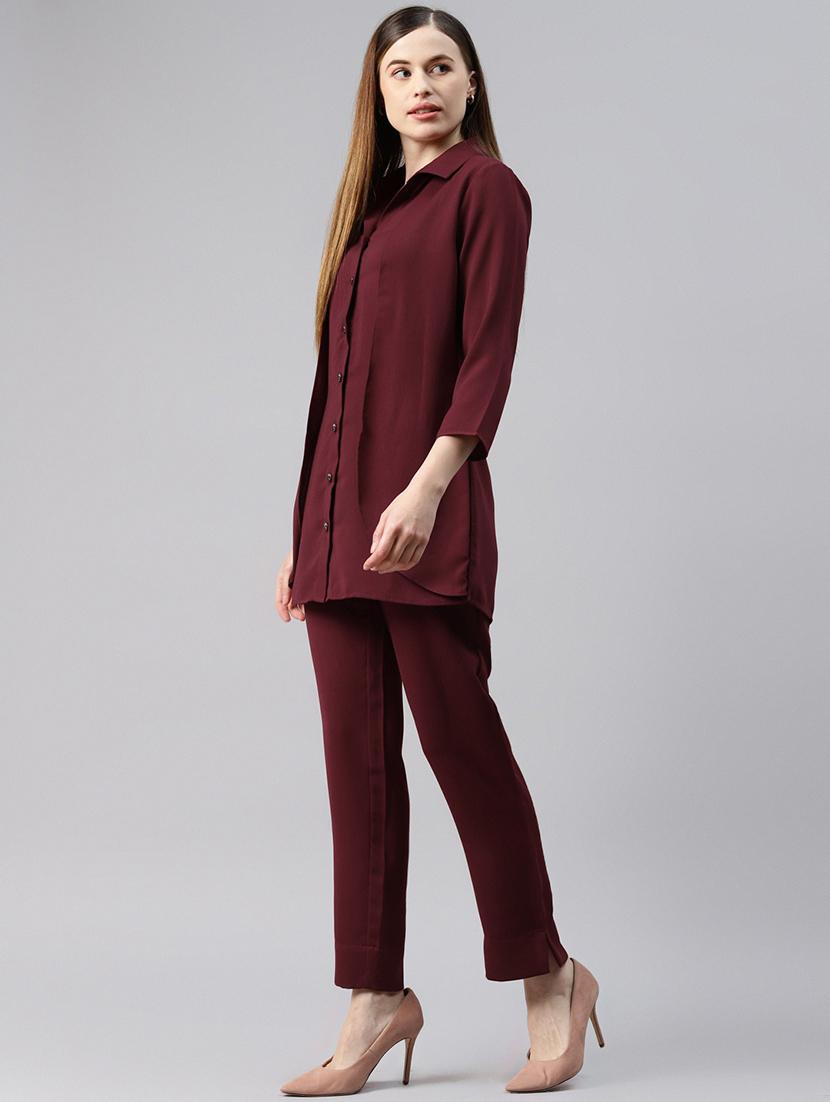 shirt collar solid top and trouser set - 18251547 - Zoom Image - 2