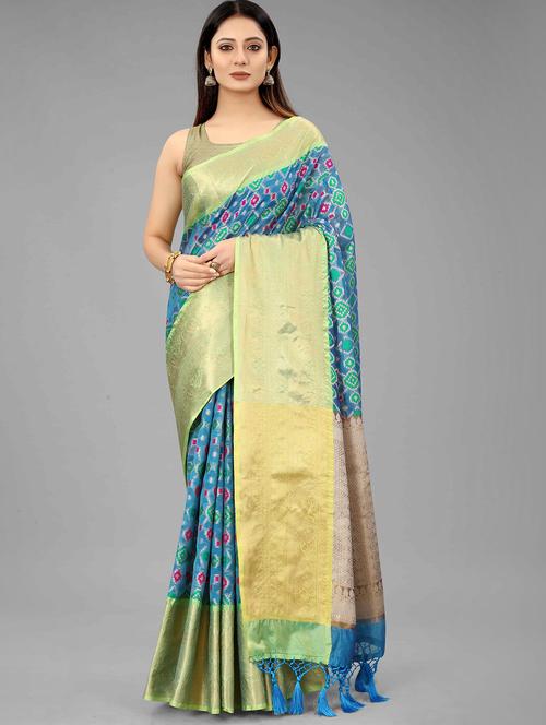 turquoise art silk ikat saree with blouse - 18253675 - Standard Image - 1
