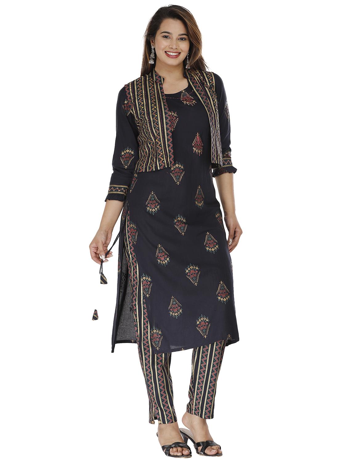 navy kurta pant set with jacket - 18254260 - Zoom Image - 3