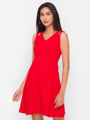 v-neck solid a-line dress - 18259467 - Standard Image - 2